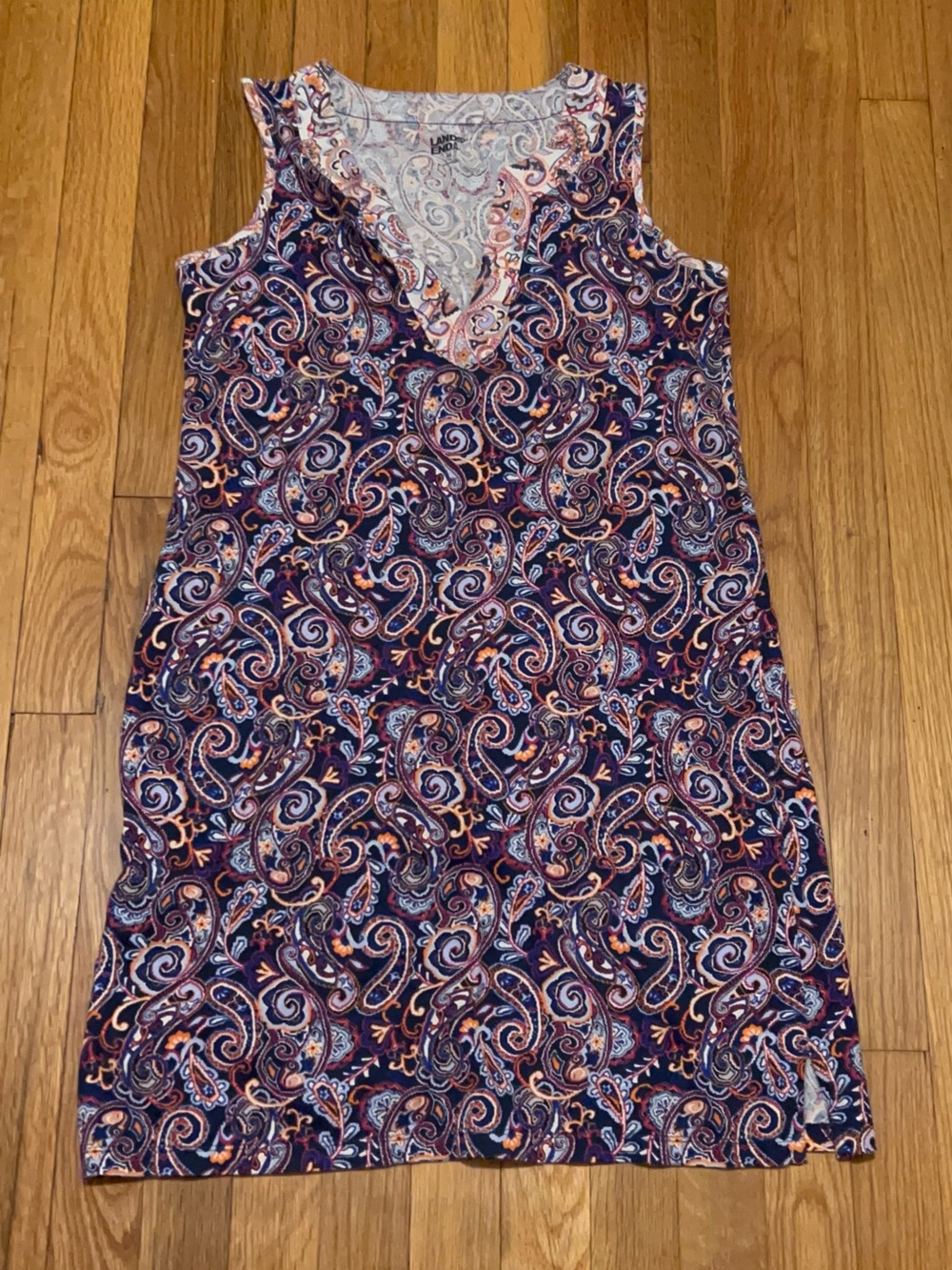 Lands' End blue paisley notch neckline jersey knit dress Size XS